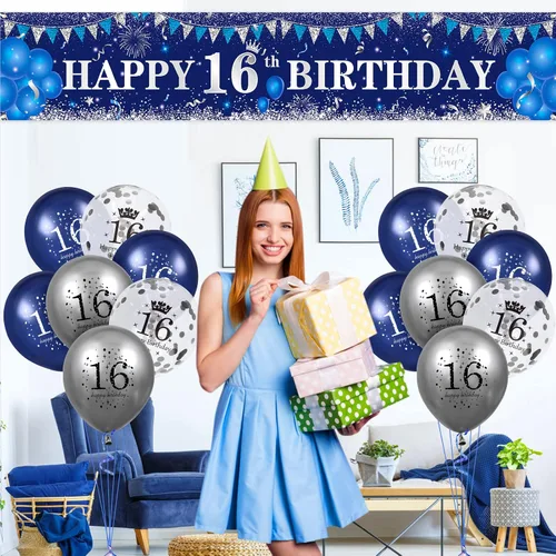 Vista 5 de Decoraciones azules de cumpleaños número 16 para niños y niñas - Pancarta feliz azul marino plateado y globos para suministros de fiesta