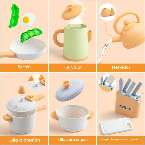 Vista 3 de Accesorios de cocina de juguete para niños, 42 piezas de juego de cocina para niños pequeños, juego de cocina con ollas y sartenes a presión, juego
