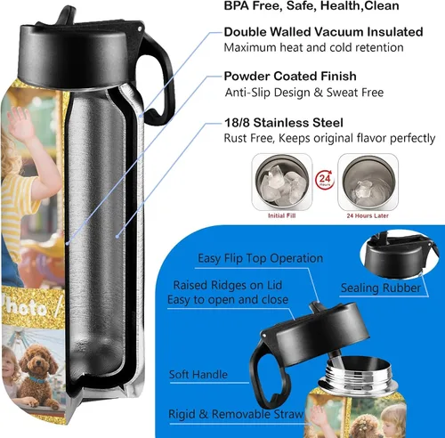 Vista 3 de Botella de agua personalizada con foto, botella de agua deportiva de acero inoxidable con imagen personalizada para niños, hombres y mujeres
