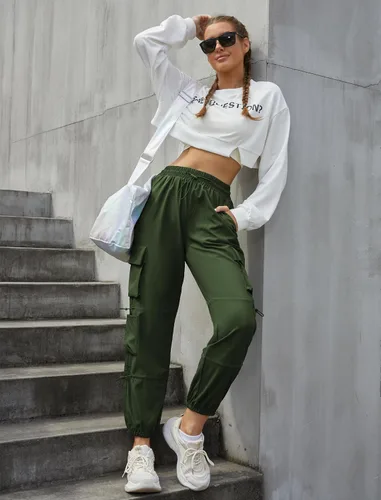 Vista 4 de Pantalones cargo de secado rápido, ligeros, tácticos, con 6 bolsillos, para mujer, cintura elástica y resistente al agua