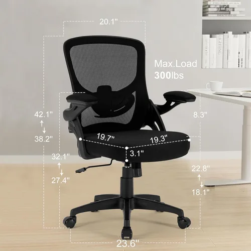 Vista 3 de Silla de oficina ergonómica, cómoda silla de escritorio con brazos abatibles, silla de computadora de malla con soporte lumbar ajustable, sillas