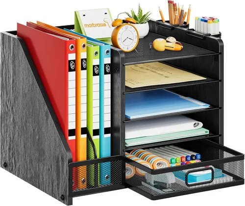 Vista 11 de Marbrasse - Organizador de escritorio con soporte para archivos, organizador de bandejas para papel tamaño carta de 5 niveles con cajón y 2 soportes