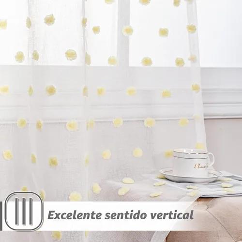Vista 4 de MYSKY HOME - Cortinas con pompón blancas transparentes para dormitorio de niñas, cortinas amarilla mostaza para habitación infantil, cortinas