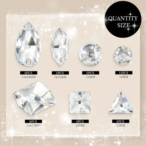 Vista 2 de 48 piezas de diamantes de imitación para coser, diamantes de imitación de cristal de formas mixtas con parte trasera plana, para coser en gemas
