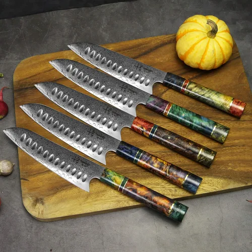 Vista 8 de Cuchillo de chef de Damasco Santoku único, de una pieza, mango profesional, cuchillo de cocina japonés de 7 pulgadas, VG10 de 67 capas de acero