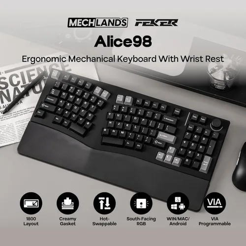 Vista 2 de MechLands Feker Alice98 Teclado mecánico ergonómico personalizado de 98 teclas, VIA programable, teclado para juegos con cable USB-C, intercambiable