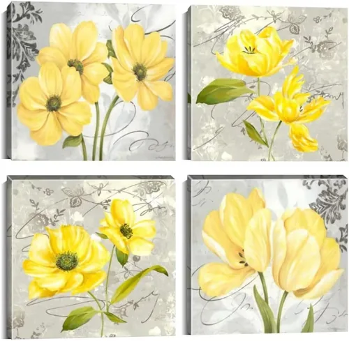 Vista 30 de Wall HDQ Arte de pared de flores para baño, dormitorio, sala de estar, decoración de pared azul y naranja, pintura floral, lienzo impreso, imagen