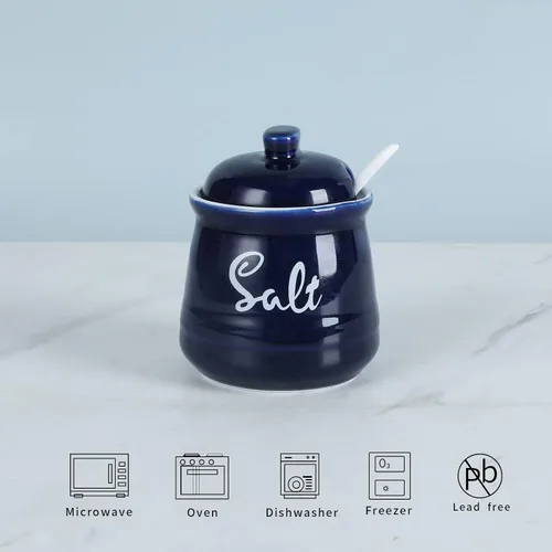 Vista 3 de Farmhouse - Sal de porcelana con tapa y cuchara, 12 onzas, fácil de limpiar (azul marino)