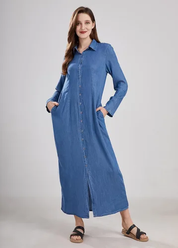 Vista 2 de utcoco Vestido largo casual de mezclilla con botones para mujer, con solapa, manga larga, con bolsillos