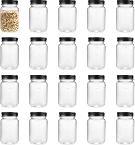Vista 8 de Tarros Mason de plástico transparente de 16 onzas con tapa de rosca, tarros vacíos reutilizables para almacenamiento de alimentos, recipientes