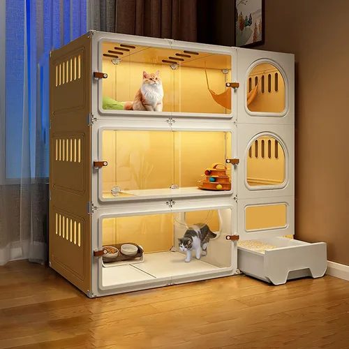 Vista 10 de Jaulas grandes para gatos de 2/3/4 niveles para interiores, jaula para gatos con caja de arena, villa para gatos, jaula para gatos