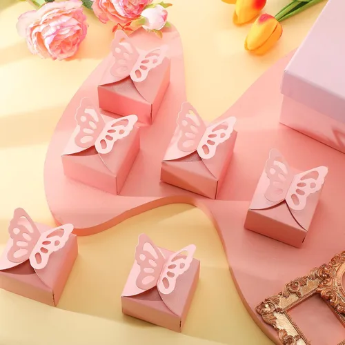 Vista 5 de Fulmoon 100 cajas de regalo de mariposa para baby shower, cajas de regalo de mariposa rosa, caramelo rosa, regalo de baby shower con 100 etiquetas