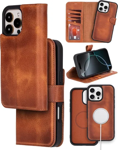 Vista 16 de Bayelon Funda tipo cartera para iPhone 15 Pro, cartera de cuero de grano completo, funda magnética desmontable, tarjetero, funda tipo cartera