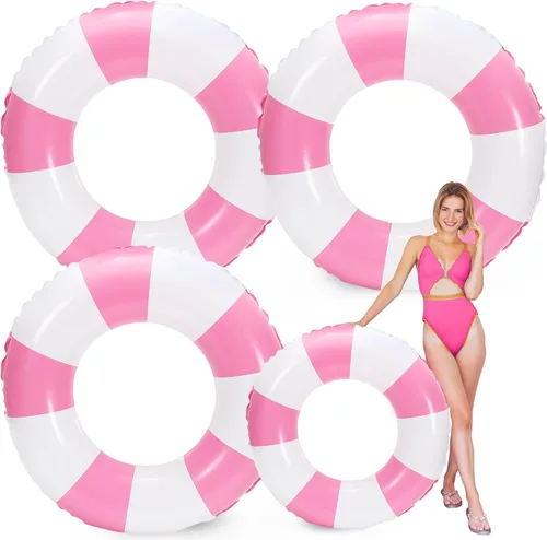 Vista 19 de Whaline Flotador inflable de natación de 4 piezas, anillo de natación a rayas, divertido estampado para piscina, tumbona, tubo para verano