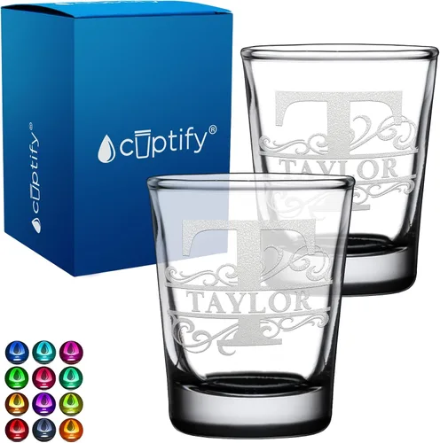 Vista 19 de Cuptify Inicial de cristal con monograma y nombre de 2 onzas, parte inferior negra grabada con texto personalizado para regalos, bodas, cumpleaños