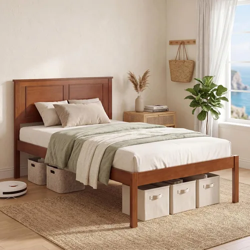 Vista 3 de KOMFOTT Twin Size Bed Frame, Farmhouse Wooden Platform Bed with Headboard Walnut