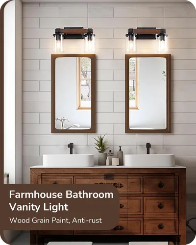 Vista 3 de EDISHINE - Apliques de pared de madera pintada de 2 luces, lámpara de tocador de granja Clear Glass Shade, Up & Down Mounting Optional, E26 Base