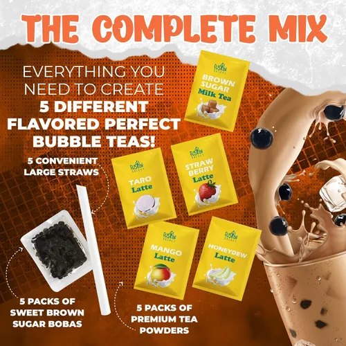 Vista 5 de Fusion Select Juego de 5 paquetes de té de burbujas de taro, mango, melaza, fresa con perlas de tapioca extra ricas, pajitas