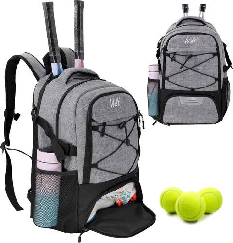 Vista 8 de Mochila para raqueta de tenis WOLT - Mochila grande para raqueta de tenis para hombres y mujeres - Compartimento ventilado para zapatos - Capacidad