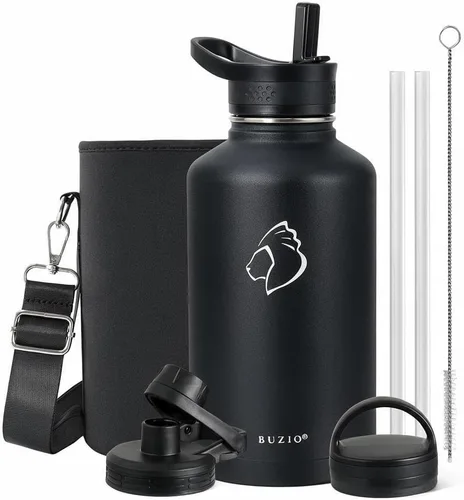 Vista 43 de BUZIO Botella de agua de 32 onzas aislada con popote y 3 tapas y bolsa de transporte, a prueba de fugas, frasco jarra de agua de acero inoxidable