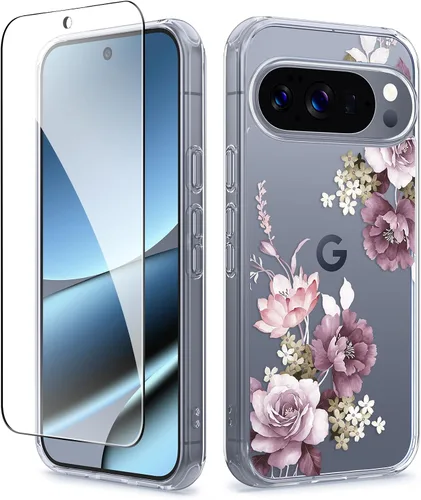 Vista 17 de GVIEWIN Funda para Google Pixel 10a con protector de pantalla, protección contra caídas de grado militar, no amarillenta, transparente, floral
