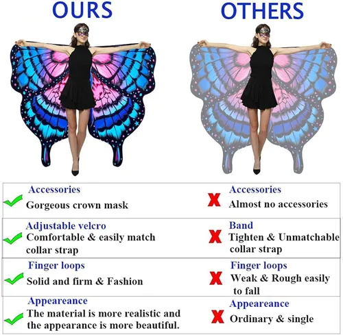 Vista 3 de Shireake Baby Disfraz de alas de mariposa, impresión de doble cara para adultos, disfraz de capa de mariposa de Halloween, fiesta de mujeres