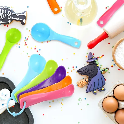 Vista 6 de Frienda 20 cucharas medidoras de plástico coloridas para cocina, hornear ingredientes secos y líquidos