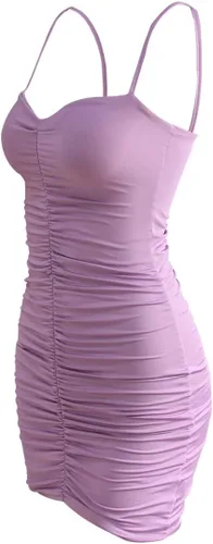 Vista 6 de Yuhanstore Vestido sexy fruncido para mujer, con cordón de espagueti, espalda descubierta, falda de tirantes de verano para club YH1377