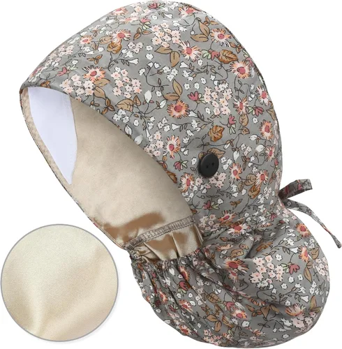 Vista 31 de QBA Gorra de trabajo ajustable con botón, gorro forrado de satén, gorro de trabajo de algodón, banda elástica para atar en la espalda, unisex