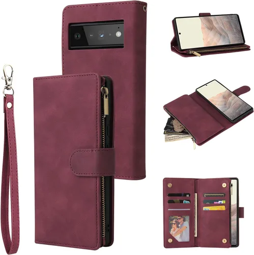 Vista 9 de UEEBAI Funda tipo cartera para Google Pixel 6, Funda de cuero PU Cierre magnético Bolso con cremallera Estuche de bolsillo con cremallera Ranuras