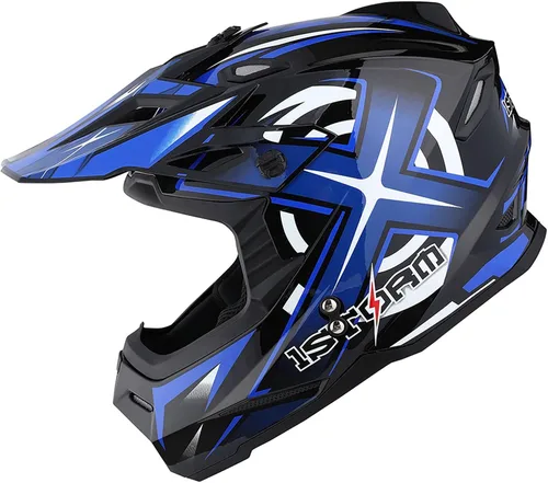 Vista 6 de 1Storm Casco de Motocross para Jóvenes Niños BMX MX Casco de Bicicleta Adolescente Estilo de Carreras; Azul de Carreras + Gafas + Paquete de Guantes