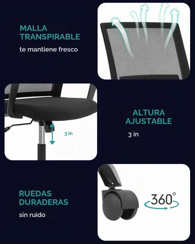 Vista 7 de Silla de oficina ergonómica de escritorio, silla de computadora con respaldo medio, reposabrazos de soporte lumbar, silla de malla transpirable