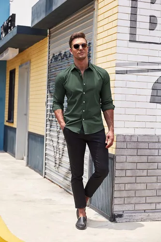 Vista 3 de COOFANDY Camisas de vestir de ajuste muscular para hombre, sin arrugas, manga larga, casual, con botones