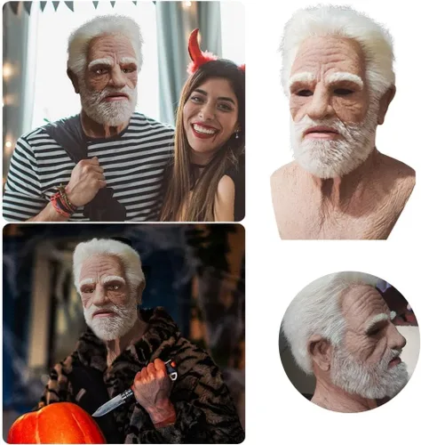Vista 2 de Máscara de anciano de Halloween para adulto, máscara de anciano, máscara de látex humano realista de cabeza completa para Halloween, cosplay, fiesta