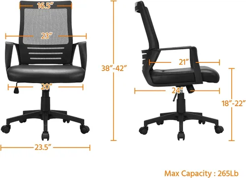 Vista 3 de Yaheetech Silla de oficina de malla con respaldo medio con asiento de cuero, silla ejecutiva para computadora de oficina con reposabrazos y soporte