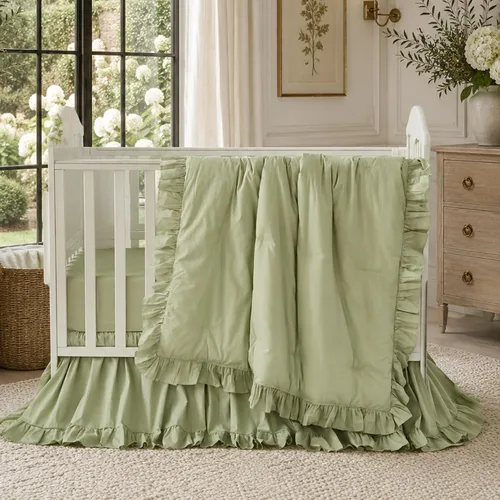Vista 15 de Brandream Conjunto de Ropa de Cama para Cuna Unisex Bebé Niña Niño 3 Piezas Beige Sólido Boho Chic de Granja Volantes Cálido 100% Algodón Lavado