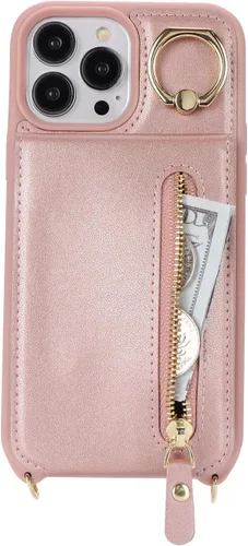 Vista 4 de Funda para iPhone 13 Pro Max, de piel sintética con tarjetero para mujer, 7 ranuras, función atril, absorbente de golpes, color oro rosa
