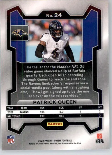 Vista 2 de 2023 PANINI PRIZM #24 PATRICK QUEEN BALTIMORE RAVENS FOOTBALL OFFICIAL TRADING CARD OF NFL