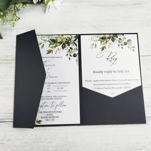 Vista 4 de Tarjeta de invitación negra con bolsillo y sobre para boda, cumpleaños, baby shower, 20 juegos (negro)