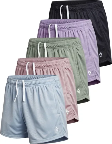 Vista 7 de Liberty Imports Paquete de 5 pantalones cortos deportivos de malla para mujer, entrepierna de 5 pulgadas, pantalones cortos sueltos con bolsillos