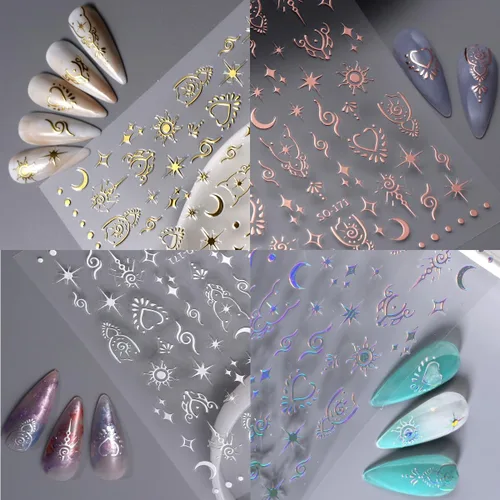 Vista 3 de 6 hojas de calcomanías de uñas de estrellas doradas 3D autoadhesivas plateadas, calcomanías de uñas degradadas de corazón y luna, calcomanías
