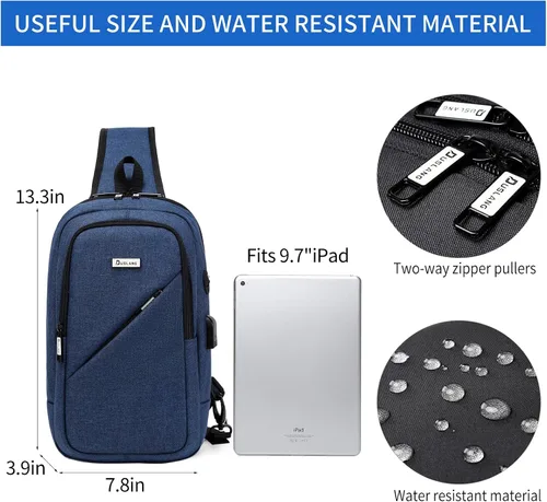 Vista 45 de DUSLANG Mochila de hombro para senderismo, bolsa cruzada para hombres, bolsas de pecho con puerto de cargador USB para campamento casual, ciclismo