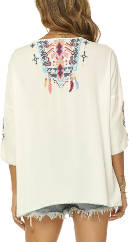 Vista 5 de Higustar Blusas bordadas mexicanas para mujer, estilo bohemio, estilo bohemio, tallas grandes, ropa campesina, blusas