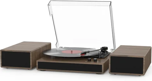 Vista 8 de Reproductor de discos de vinilo con altavoces estéreo duales, tocadiscos vintage con reproducción inalámbrica Bluetooth, transmisión por correa