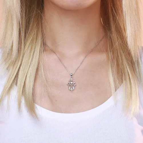 Vista 8 de Aniu Joyería de plata de ley 925 Hamsa de Fátima para mujer con circonita cúbica, viene con caja de regalo negra