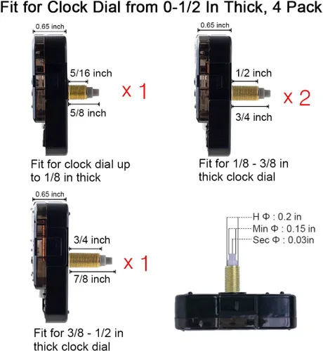 Vista 4 de EMOON Juego de 4 mecanismos de reloj de diferentes ejes con 8 manecillas de reloj, piezas de repuesto de motor de reparación de reloj de pared