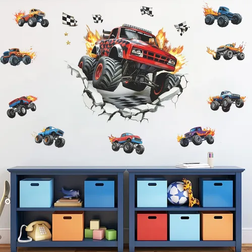Vista 8 de Calcomanías de pared extraíbles de camión monstruo 3D, calcomanías de pared de camiones de bomberos despegar y pegar, calcomanías artísticas
