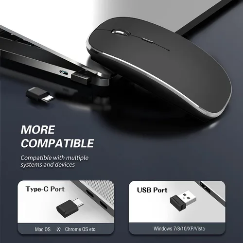 Vista 2 de Halpilt Ratón Inalámbrico Recargable Portátil Silencioso USB-A y Tipo C Modo Dual Ratón Inalámbrico 3 DPI Ajustables para Laptop, Mac, Android, PC
