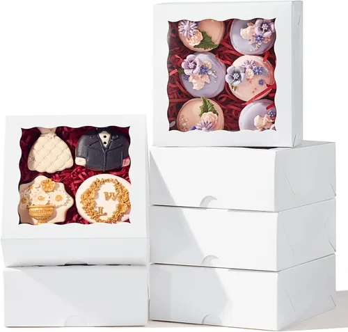 Vista 8 de 20 cajas de panadería blancas con ventana de 6 x 6 x 2.5 pulgadas, cajas de chocolate pequeñas para pasteles, macarrones, pasteles y trufas