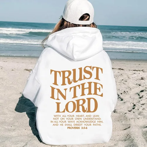 Vista 3 de Sudadera con capucha con versículo bíblico cristiano Trust in the Lord Jesus Saves Faith
